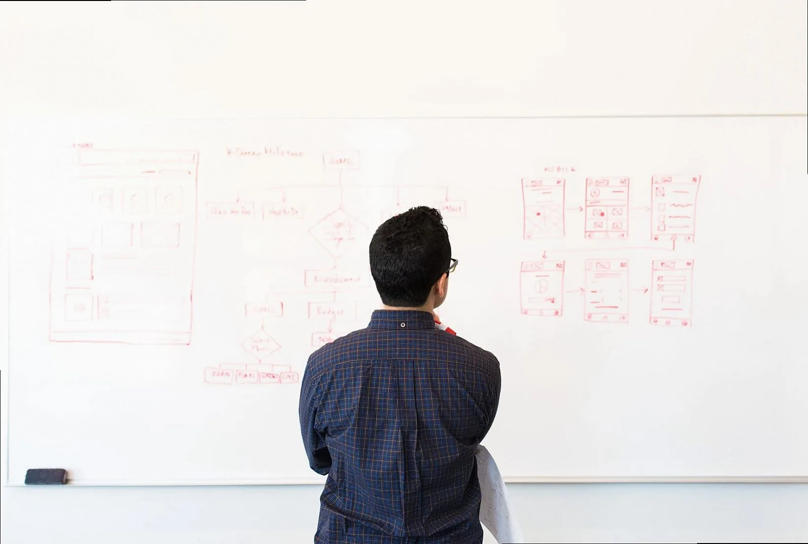 Man standing at a whiteboard planning UX design concepts in a modern office setting.