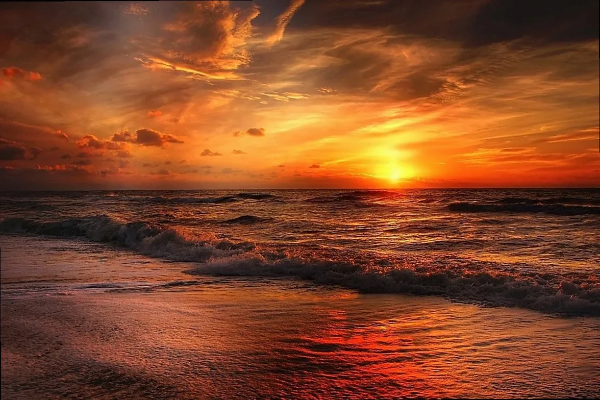 beach, sunset, waves, ocean, sea, dusk, twilight, setting sun, sundown, nature, horizon, skyscape, seascape, ocean waves